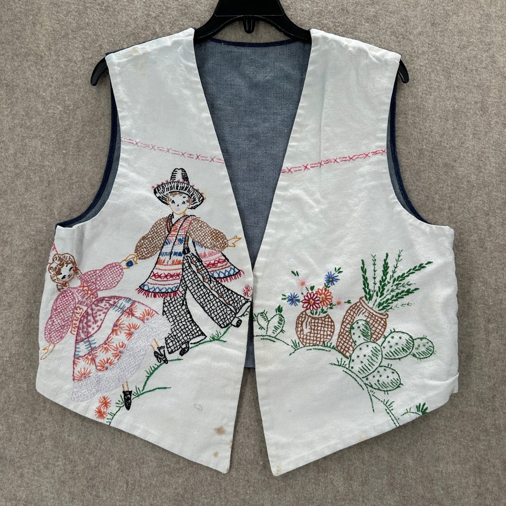 Embroidered Folk Art Vest White Denim Blue Folk Dancing Cactus Flowers‎